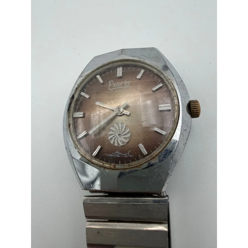 Vintage Exacta 17 Jewels Watch Brown Dial Shark Logo For Parts Untested